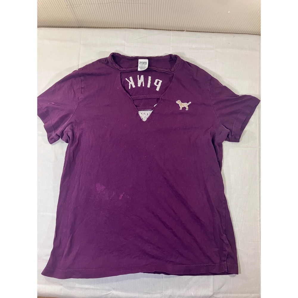 Victoria's Secret PINK Purple T-Shirt Large Sequin Dog Logo Back Cut Out Detail